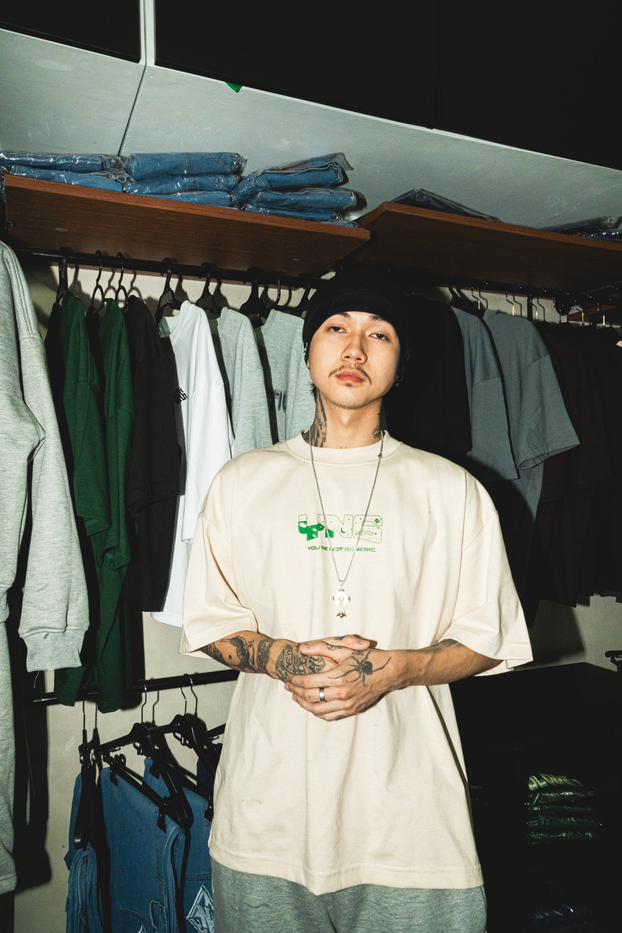 YNG "LUNAR SURFACE TEE" in MOONLIGHT CREAM
