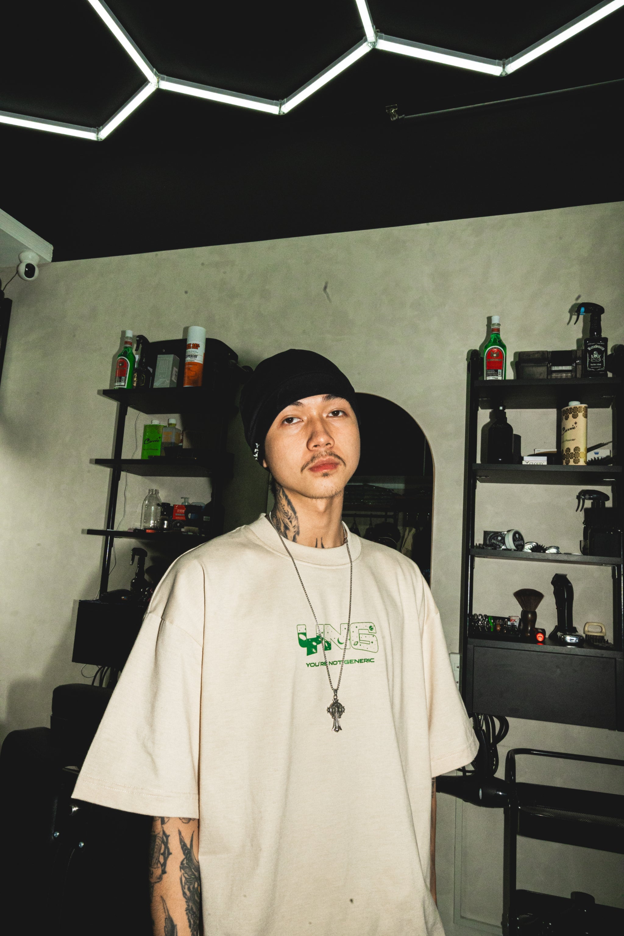 YNG "LUNAR SURFACE TEE" in MOONLIGHT CREAM